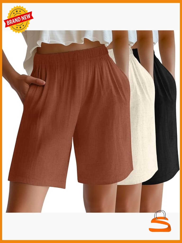 3 Pack Linen High Waist Bermuda Shorts With Pockets Wide Leg Lounge